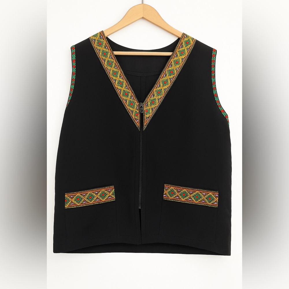 Artisan Black Ethnic Vest – Colorful Geometric Trim – Zip Front – Women’s XL/2X